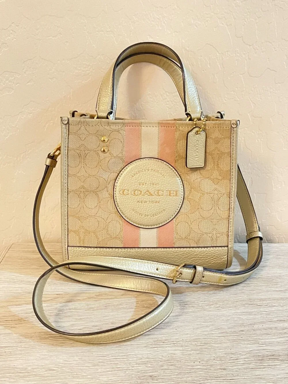 Coach Dempsey Tote 22 Crossbody Bag CG096 Signature Stripe Pink Khaki